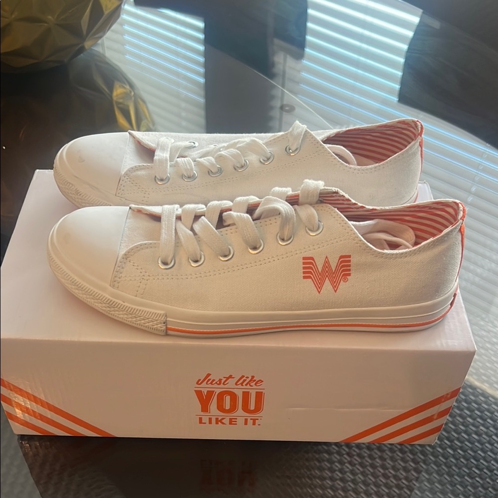 White Canvas Low-Top Sneakers with Orange Trim - Men’s Size 8